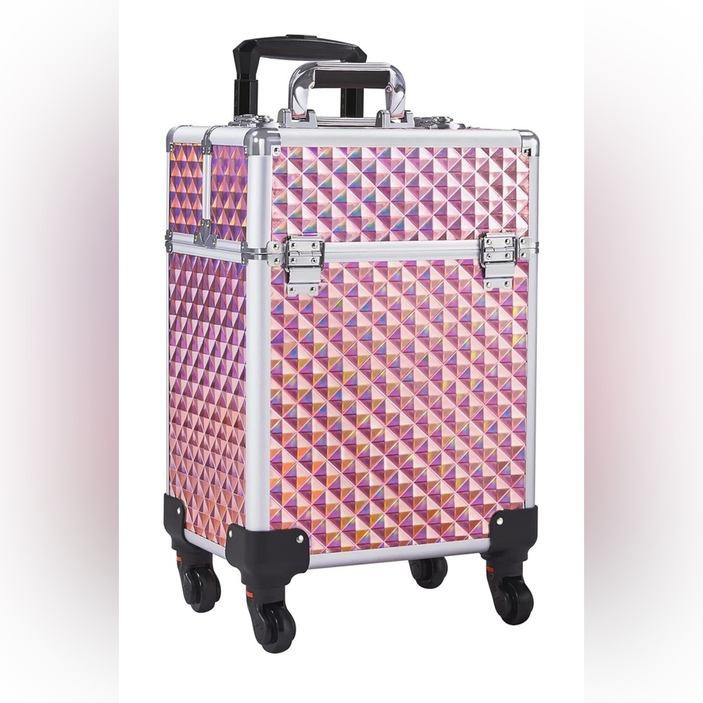 Pink Yaheetech Rolling Makeup Train Case